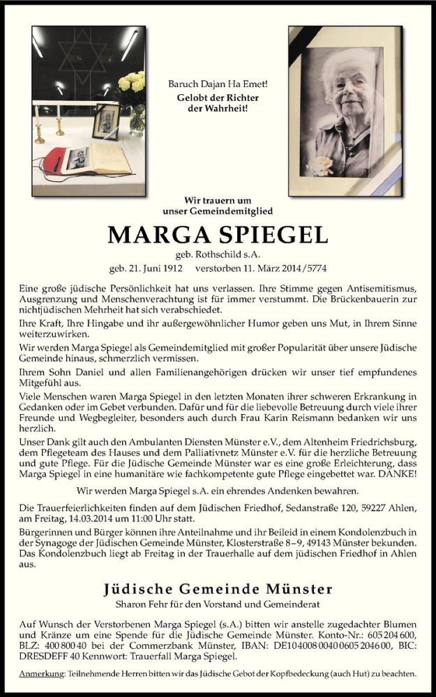  Traueranzeige für Marga Spiegel vom 14.03.2014 aus Westfälische Nachrichten