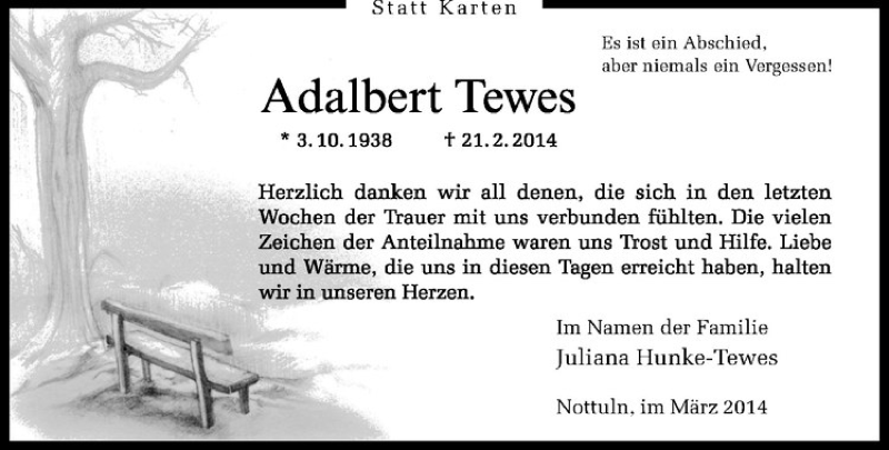  Traueranzeige für Adalbert Tewes vom 05.04.2014 aus Westfälische Nachrichten