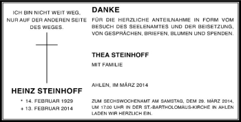 Anzeige von Heinz Steinhoff von Westfälische Nachrichten