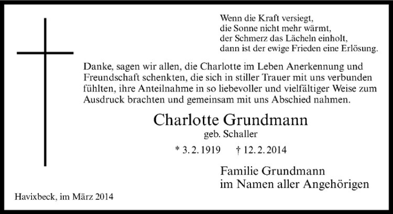  Traueranzeige für Charlotte Grundmann vom 19.03.2014 aus Westfälische Nachrichten