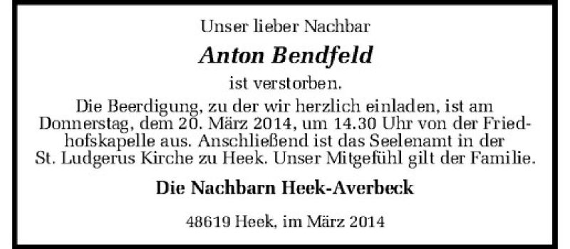  Traueranzeige für Anton Bendfeld vom 18.03.2014 aus Westfälische Nachrichten