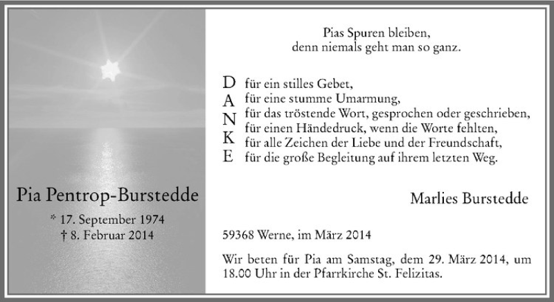  Traueranzeige für Pia Pentrop-Burstedde vom 22.03.2014 aus Westfälische Nachrichten