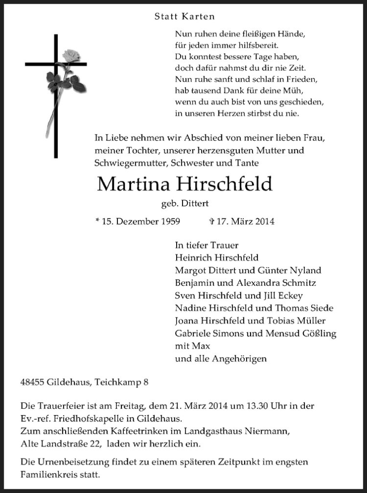  Traueranzeige für Martina Hirschfeld vom 19.03.2014 aus Westfälische Nachrichten
