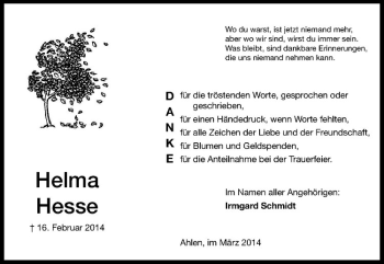 Anzeige von Helma Hesse von Westfälische Nachrichten
