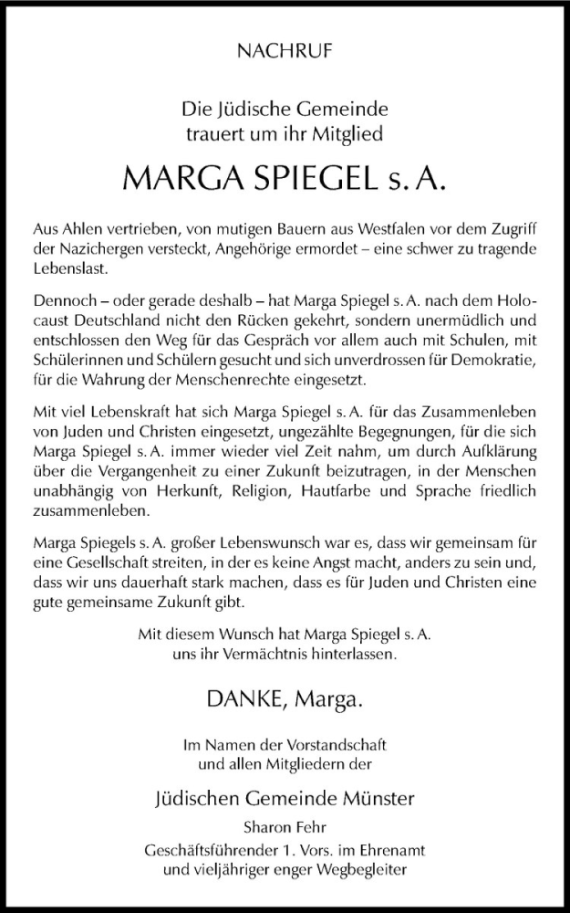  Traueranzeige für Marga Spiegel vom 22.03.2014 aus Westfälische Nachrichten