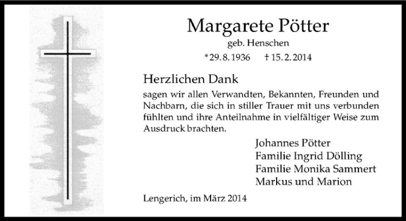  Traueranzeige für Margarete Pötter vom 22.03.2014 aus Westfälische Nachrichten