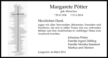 Anzeige von Margarete Pötter von Westfälische Nachrichten