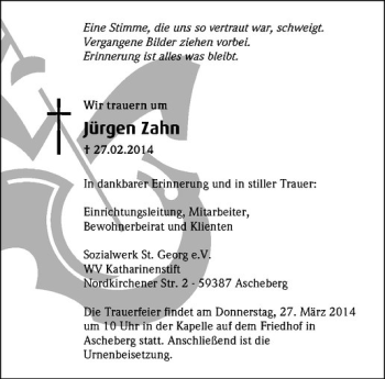 Anzeige von Jürgen Zahn von Westfälische Nachrichten