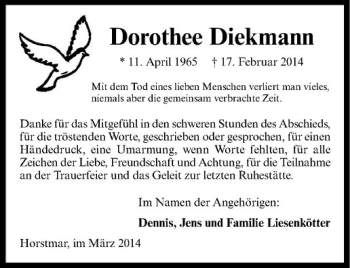 Anzeige von Dorothee Diekmann von Westfälische Nachrichten