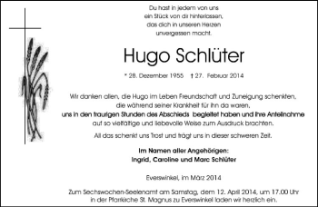 Anzeige von Hugo Schlüter von Westfälische Nachrichten