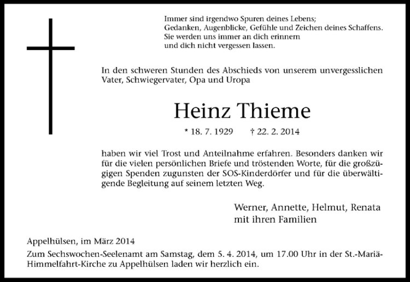  Traueranzeige für Heinz Thieme vom 29.03.2014 aus Westfälische Nachrichten