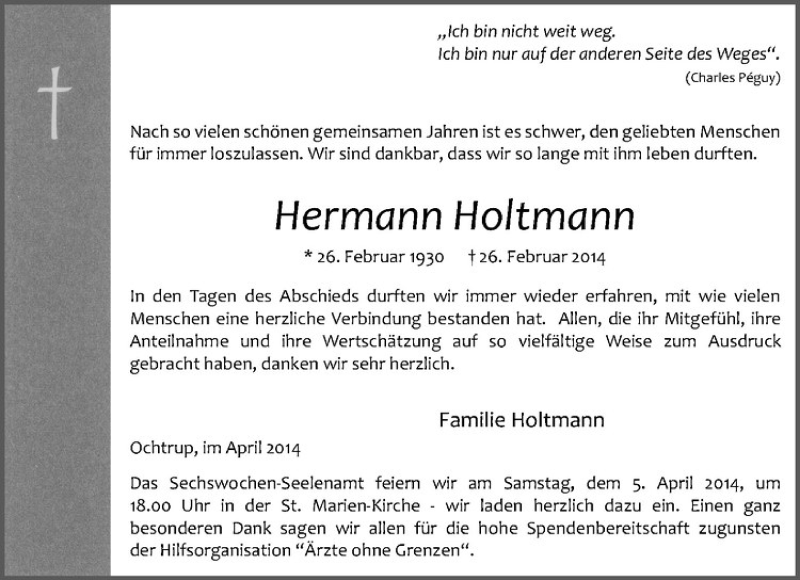  Traueranzeige für Hermann Holtmann vom 02.04.2014 aus Westfälische Nachrichten