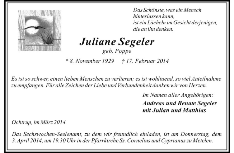  Traueranzeige für Juliane Segeler vom 29.03.2014 aus Westfälische Nachrichten