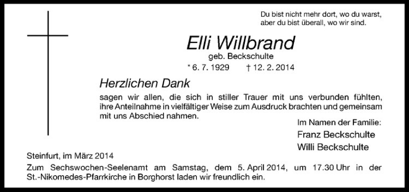  Traueranzeige für Elli Willbrand vom 29.03.2014 aus Westfälische Nachrichten