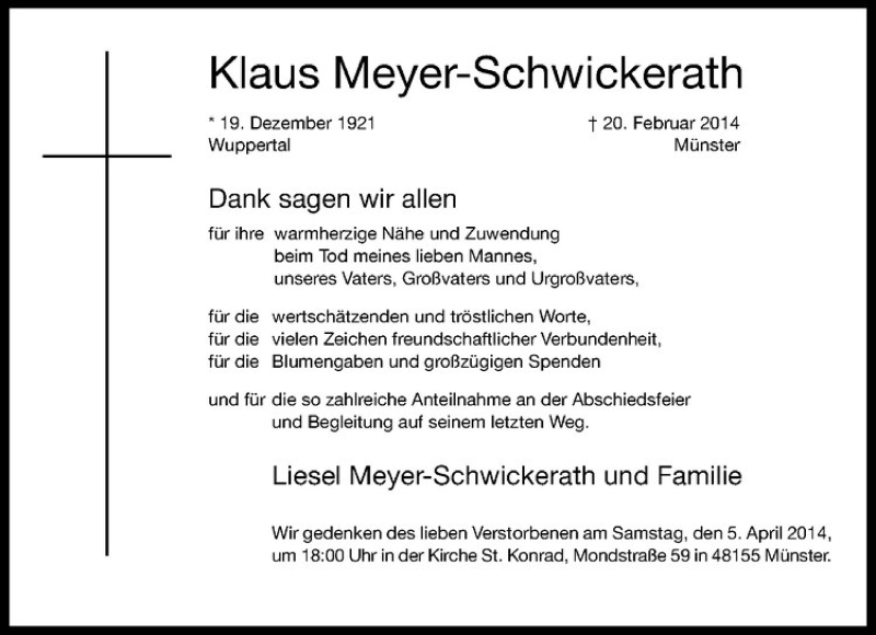  Traueranzeige für Klaus Meyer-Schwickerath vom 29.03.2014 aus Westfälische Nachrichten