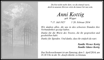 Anzeige von Anni Kottig von Westfälische Nachrichten