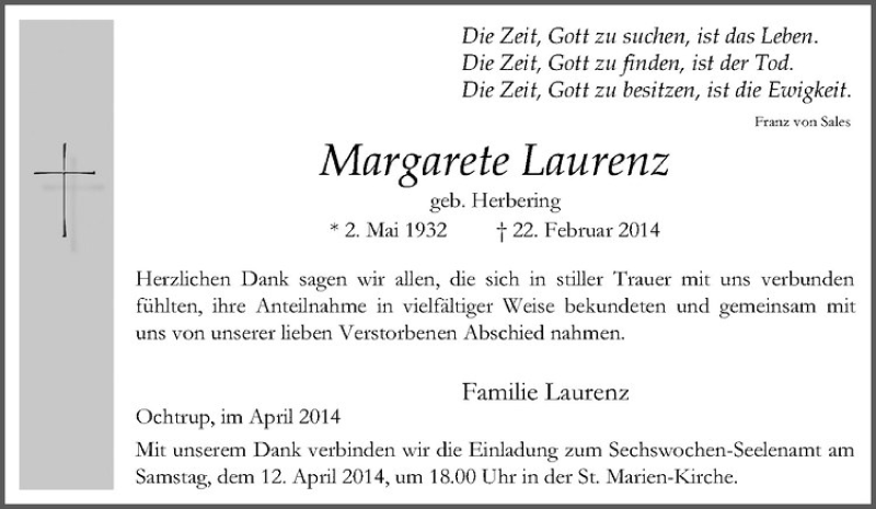  Traueranzeige für Margarete Laurenz vom 09.04.2014 aus Westfälische Nachrichten
