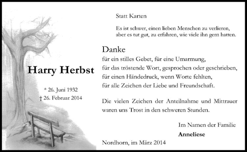  Traueranzeige für Harry Herbst vom 29.03.2014 aus Westfälische Nachrichten
