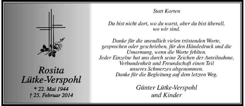  Traueranzeige für Rosita Lütke-Verspohl vom 03.04.2014 aus Westfälische Nachrichten