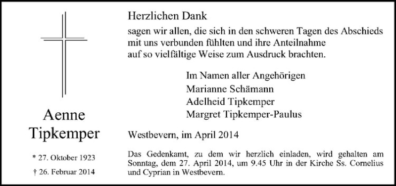  Traueranzeige für Aenne Tipkemper vom 18.04.2014 aus Westfälische Nachrichten