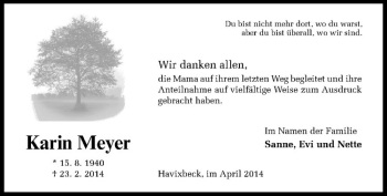 Anzeige von Karin Meyer von Westfälische Nachrichten