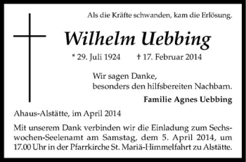 Anzeige von Wilhelm Uebbing von Westfälische Nachrichten