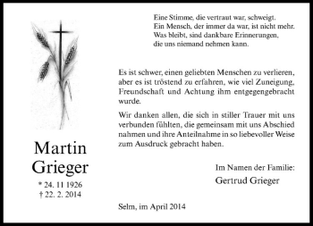Anzeige von Martin Grieger von Westfälische Nachrichten