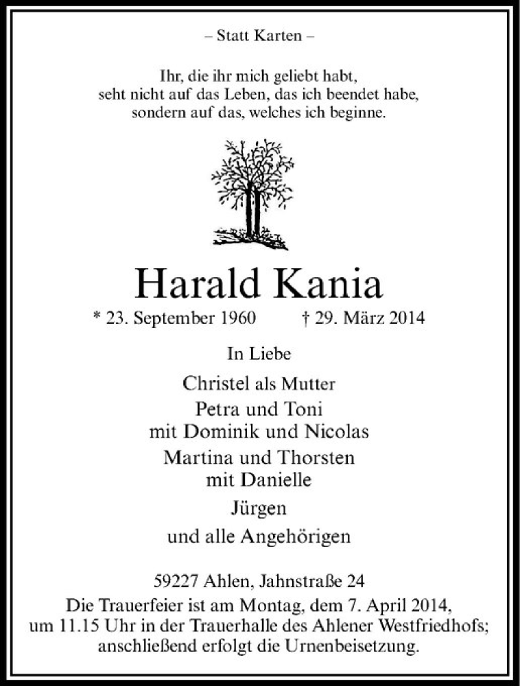 Traueranzeige für Harald Kania vom 04.04.2014 aus Westfälische Nachrichten