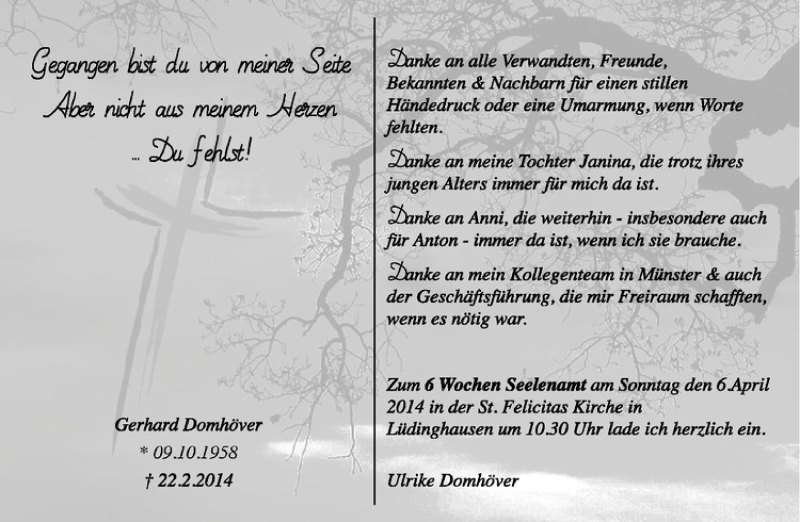  Traueranzeige für Gerhard Domhöver vom 05.04.2014 aus Westfälische Nachrichten