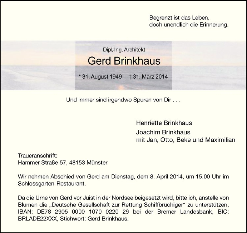  Traueranzeige für Gerd Brinkhaus vom 05.04.2014 aus Westfälische Nachrichten