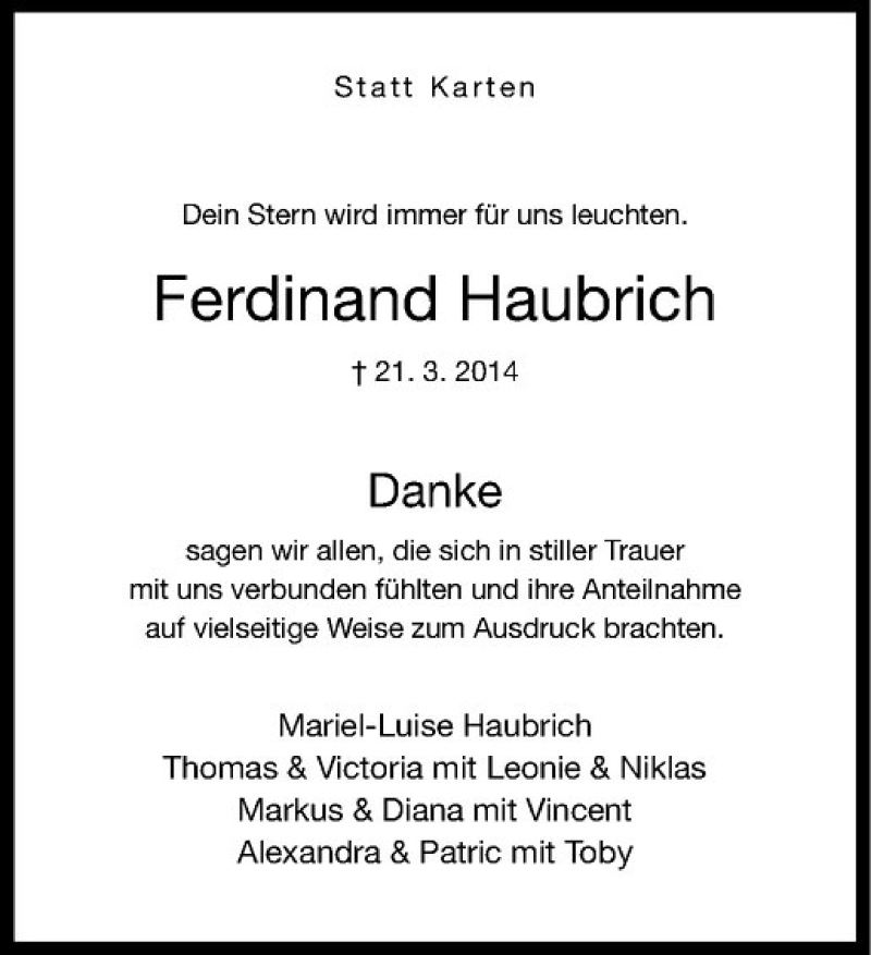  Traueranzeige für Ferdinand Haubrich vom 12.04.2014 aus Westfälische Nachrichten