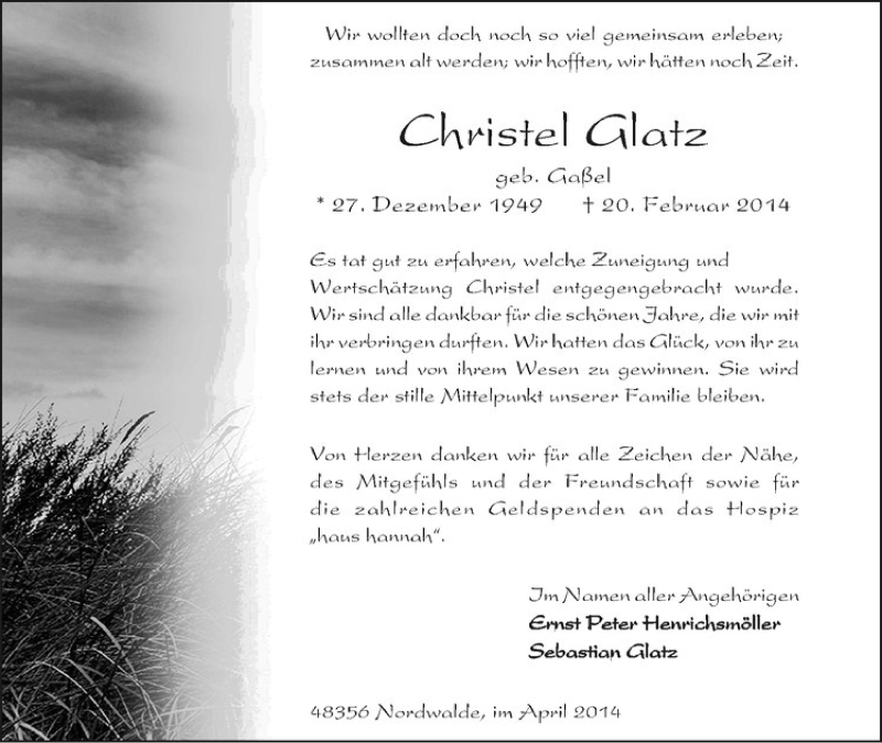  Traueranzeige für Christel Glatz vom 09.04.2014 aus Westfälische Nachrichten