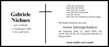 Anzeige von Gabriele Niehues von Westfälische Nachrichten