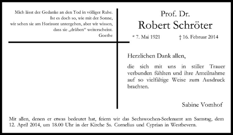  Traueranzeige für Robert Schröter vom 09.04.2014 aus Westfälische Nachrichten