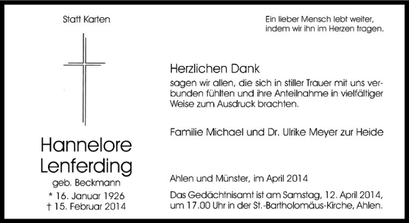  Traueranzeige für Hannelore Lenferding vom 11.04.2014 aus Westfälische Nachrichten