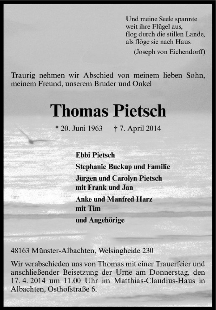  Traueranzeige für Thomas Pietsch vom 12.04.2014 aus Westfälische Nachrichten