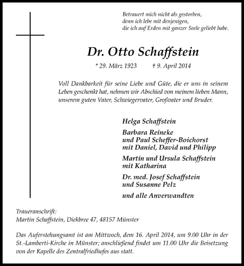  Traueranzeige für Otto Schaffstein vom 12.04.2014 aus Westfälische Nachrichten