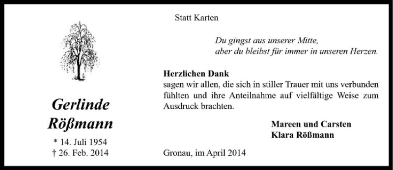  Traueranzeige für Gerlinde Rößmann vom 12.04.2014 aus Westfälische Nachrichten