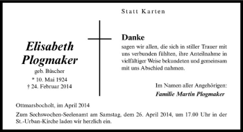 Anzeige von Elisabeth Plogmaker von Westfälische Nachrichten