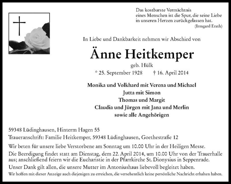  Traueranzeige für Änne Heitkemper vom 18.04.2014 aus Westfälische Nachrichten