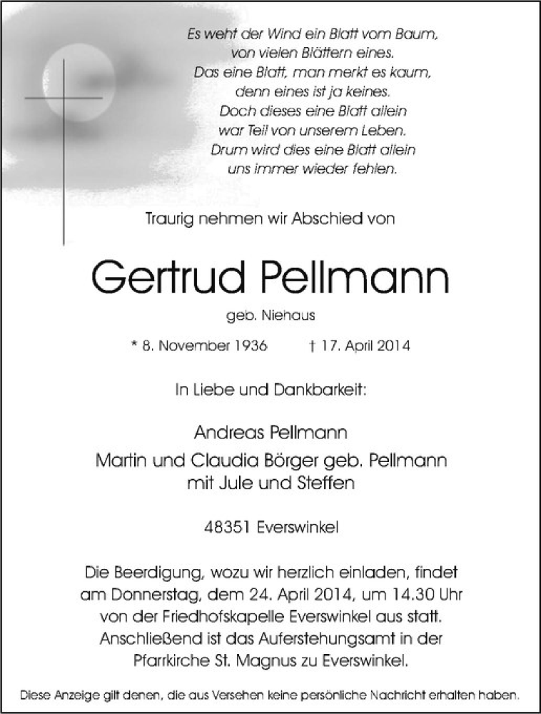  Traueranzeige für Gertrud Pellmann vom 22.04.2014 aus Westfälische Nachrichten