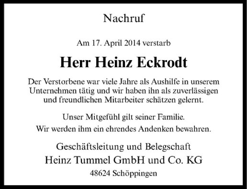  Traueranzeige für Heinz Eckrodt vom 23.04.2014 aus Westfälische Nachrichten
