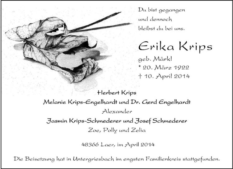  Traueranzeige für Erika Krips vom 26.04.2014 aus Westfälische Nachrichten