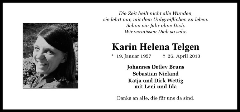  Traueranzeige für Karin Helena Telgen vom 26.04.2014 aus Westfälische Nachrichten