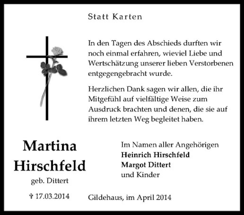  Traueranzeige für Martina Hirschfeld vom 26.04.2014 aus Westfälische Nachrichten