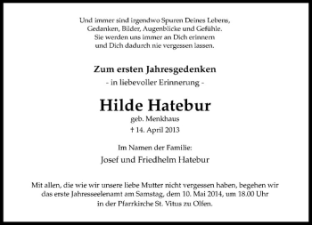 Anzeige von Hilde Hatebur von Westfälische Nachrichten