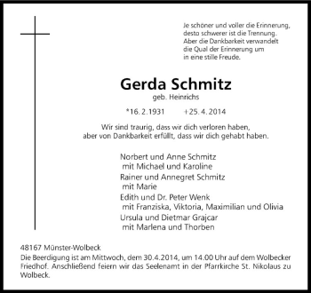 Anzeige von Gerda Schmitz von Westfälische Nachrichten