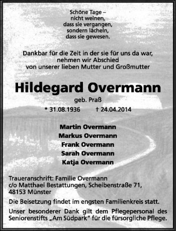 Anzeige von Hildegard Overmann von Westfälische Nachrichten