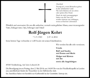 Anzeige von Rolf-Jürgen Kohrt von Westfälische Nachrichten