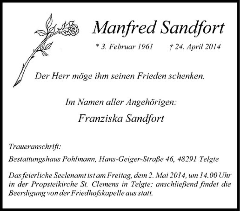  Traueranzeige für Manfred Sandfort vom 30.04.2014 aus Westfälische Nachrichten
